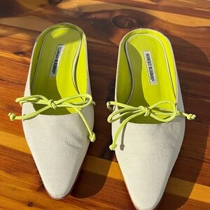 Vintage Manolo Blahnik pointed-toe canvas mule flats with neon chartreuse bows
